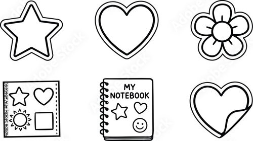 Black and white line art star heart flower notebook with smiley and peeling heart sticker