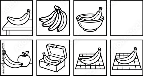 Single and multiple bananas in various settings including table bowl and lunchbox