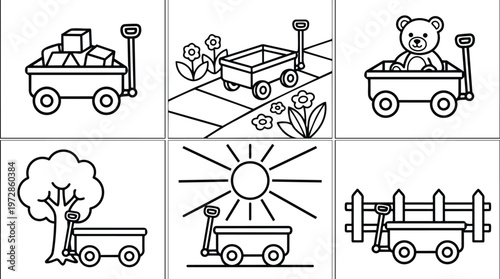 Black and white line art toy wagon with cubes flowers teddy tree sun and fence set