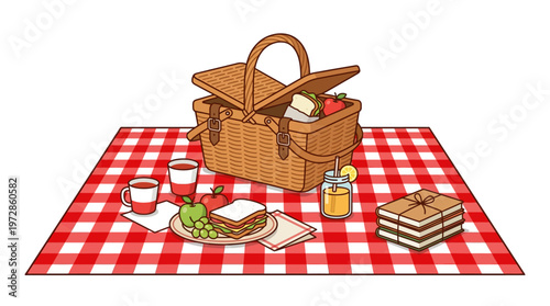 Vector Illustration of a Summer Picnic with Wicker Basket, Food, and Books on a Red Checkered Blanket