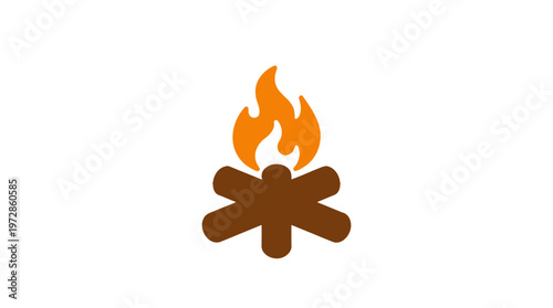 Flat Campfire Illustration with Orange Flames and Wooden Logs Isolated on White Background