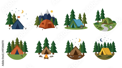 Set of Camping and Outdoor Adventure Icons in Flat Vector Style Featuring Tents, Mountains, Pine Trees, and Campfires for Nature and Travel Design