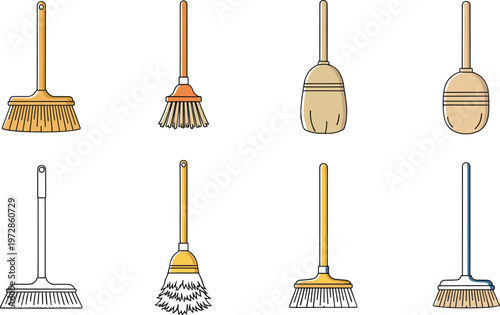 Set of broom and cleaning tools illustrations, household sweeping equipment in different styles for sanitation, home maintenance, and janitorial vector design collection