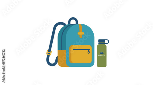 Flat Design Illustration of Hiking Backpack and Reusable Water Bottle with Hydrate Label, Adventure and School Travel Gear Isolated on White