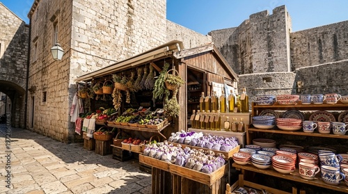 Quadro su tela Provençal Market Table Sells Bottles of Olive Oil in Various Sizes - Organic Hea