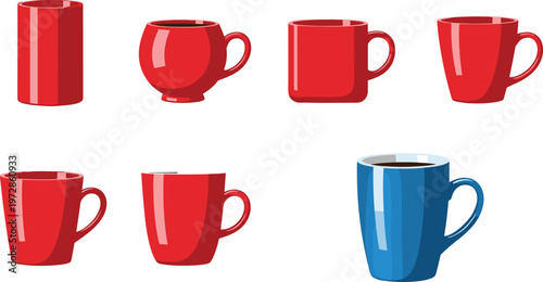 Set of coffee mug illustrations in different shapes and colors, ceramic cups for hot drinks including tea and coffee, simple vector collection for kitchen and cafe design