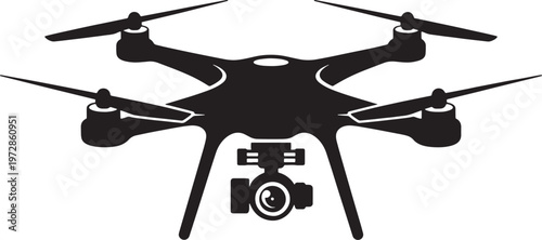 Black silhouette of a quadcopter drone with a gimbal aerial surveillance technology