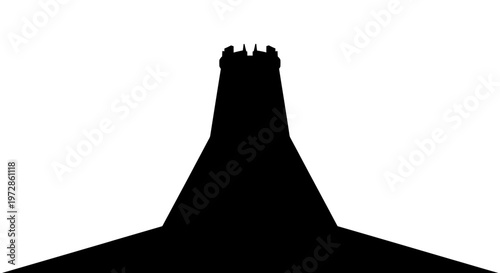 Mysterious Silhouette of Tower: A stark, minimalistic silhouette of an imposing tower dominates the scene, its geometric forms creating a sense of mystery.
