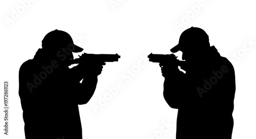 Silhouetted Aim: Two figures are silhouetted against a neutral backdrop, each aiming a handgun. This image could represent themes of conflict, defense, or tactical training.