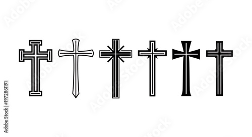 Row of Five Crosses Displaying Varied Styles and Symbols.