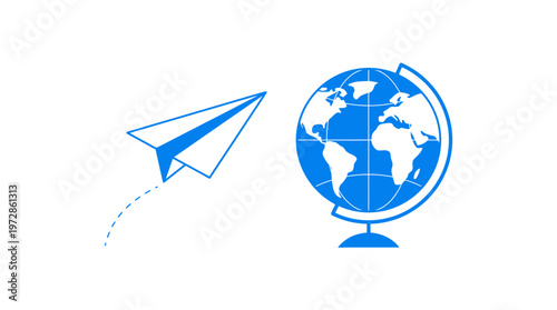 Blue Paper Plane Flying Towards World Globe Icon, Global Travel and Communication Concept Illustration