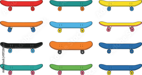 Set of colorful skateboard illustrations in flat style, modern skate boards with different deck designs for street sport, urban lifestyle, and extreme sports vector collection