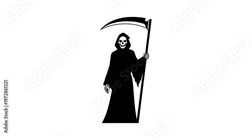 Grim Reaper Silhouette: A stark black and white silhouette of the Grim Reaper, a personification of death, holding a scythe, stands as a symbol of mortality and the end of life.
