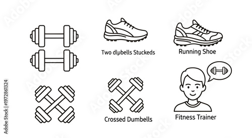 Fitness equipment icons including dumbbells, running shoes, and a fitness trainer illustration for workouts and gym activities.