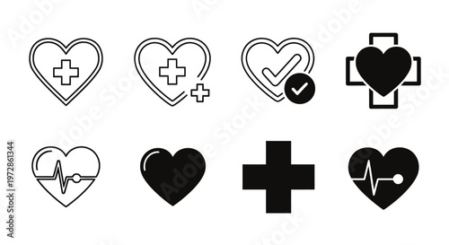 Set of medical heart icons featuring hearts, crosses, and health symbols in a monochrome style.