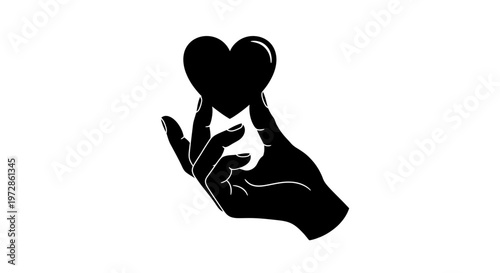 Hand Holding Heart: A delicate silhouette of a hand cradling a glossy, black heart, conveying themes of love, compassion, and care.