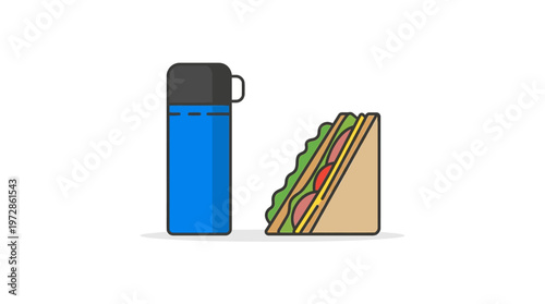 Minimalist Vector Illustration of a Lunch Set with Blue Thermos Flask and Fresh Sandwich Isolated on White Background