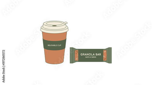 Reusable Coffee Cup and Granola Bar Flat Vector Illustration, Healthy Snack and Morning Drink Icon Set Isolated on White Background
