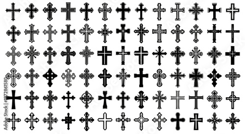 Collection of Diverse Cross Symbols Arranged in a Grid for Graphic Resources.