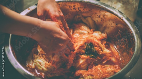 Hands Mixing Traditional Korean Kimchi in a Metal Bowl