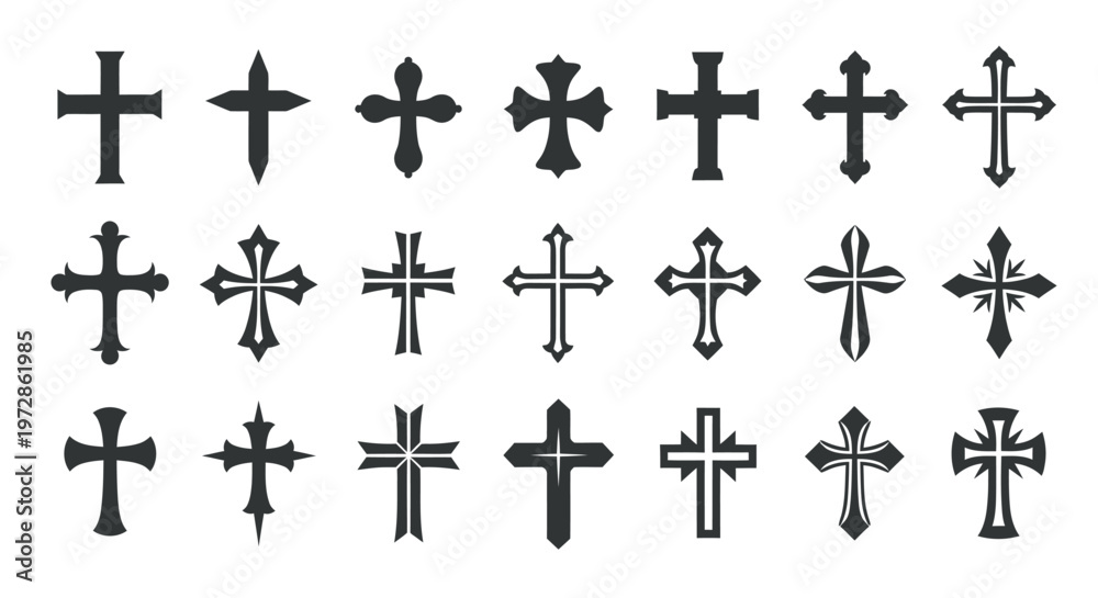 Fototapeta premium Collection of diverse cross symbols arranged in a grid with various styles and motifs.