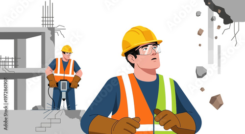 Construction Workers in Safety Gear on Demolition Site with Falling Debris and Potential Hazard Concept Vector Illustration