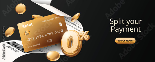 3d credit card 0 percent installment concept with receipt and money flying in dark background. Credit card promotion design template.