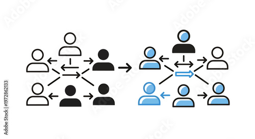 Group of people collaborating and connecting in a network diagram.