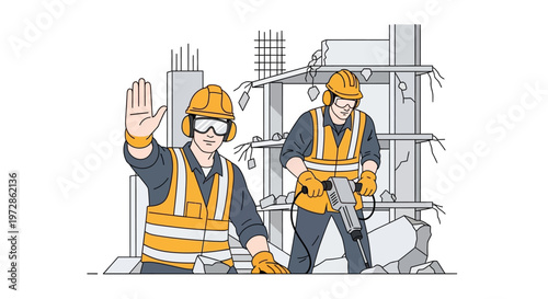 Construction Safety Illustration with Workers: Demolition Team, Jackhammer Operator, and Safety First Stop Gesture on Building Site