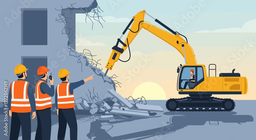 Construction workers supervising demolition of an old building with a yellow excavator and hydraulic breaker at sunset