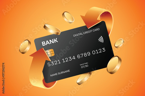 3d cashback with credit card concept in orange background. Promotion debit card template design.