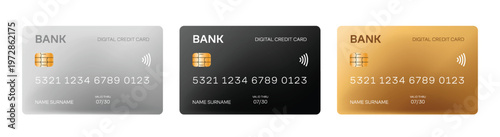 Set of different type credit card mockup. Silver, gold, and platinum debit card design template.