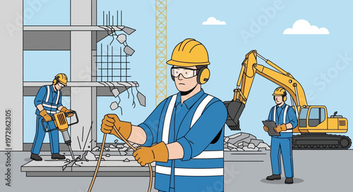 Construction Site Illustration with Industrial Workers in Safety Gear, Excavator, and Building Demolition Process