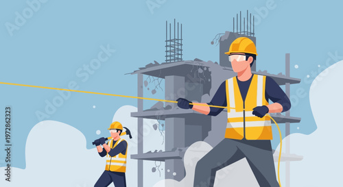 Construction Workers Demolishing Building Structure, Industrial Vector Illustration of Manual Labor and Site Safety