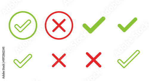Collection of green check marks and red crosses in a grid, vector style icons for approval and rejection.