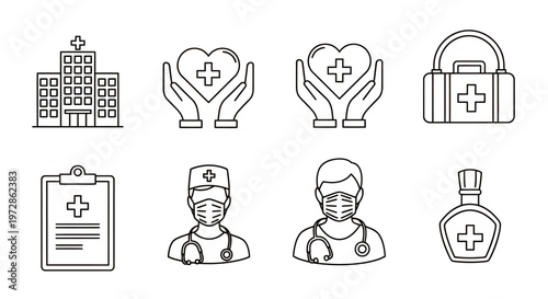 Medical care and healthcare symbols set showing hospital, clinicians, and health icons in line art.