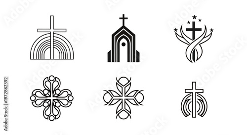 Collection of diverse Christian cross symbols and church icons in simple lineart style.