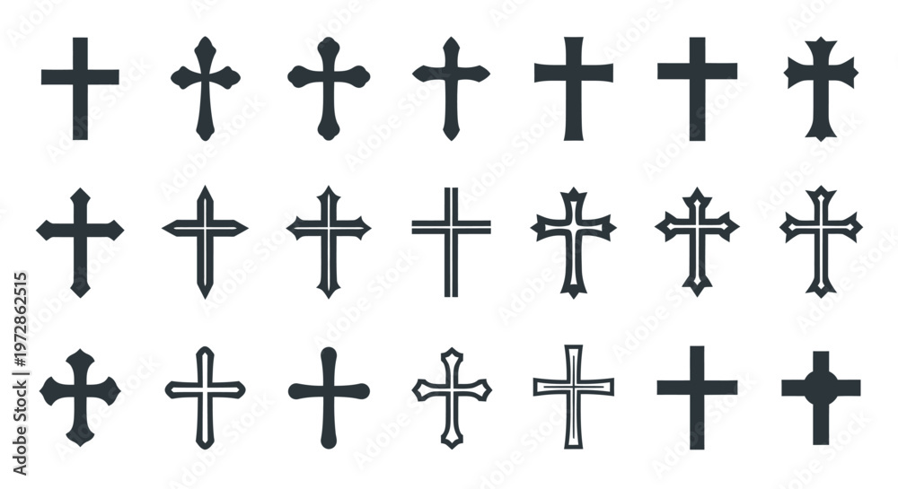 Fototapeta premium Series of Varied Crosses Displayed in Rows Highlighting Religious Symbolism and Heritage.