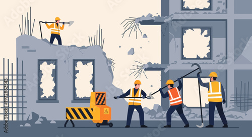 Construction Crew Working on Building Demolition and Site Clearance Flat Vector Illustration