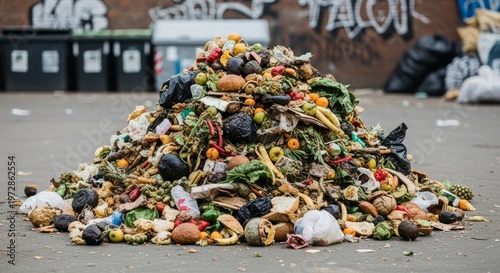 A large pile of rotting food and trash on a city street surface close up detail view natural lightin