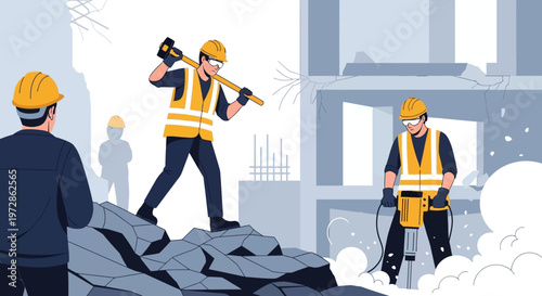 Construction and Demolition Workers at Site with Jackhammer and Sledgehammer Illustration