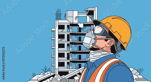 Construction Worker wearing Safety Gear and Respirator Mask looking at a Demolished Building, Vector Illustration