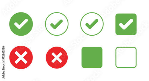 Set of green check marks, red crosses, and square icons representing status indicators and UI symbols.
