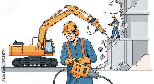 Construction Workers and Excavator Demolishing a Building Site Vector Illustration