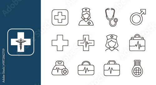 Collection of medical and healthcare icons in line art style for graphic design.
