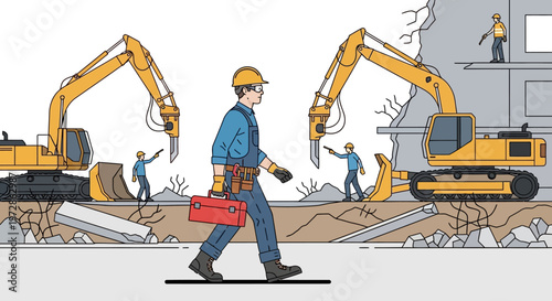 Construction Worker with Toolbox at Demolition Site with Excavators and Heavy Machinery - Flat Vector Illustration of Urban Renovation and Building Development