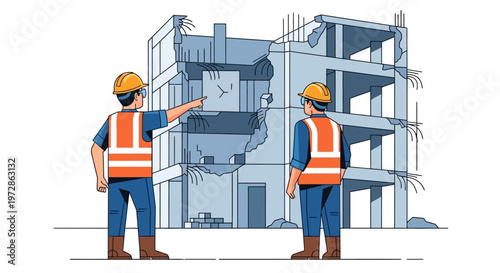 Construction Site Workers Inspecting Damaged Concrete Building Structure Illustration