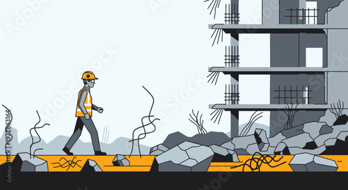 Construction Worker Walking Through Demolition Site with Ruined Building and Rubble Illustration