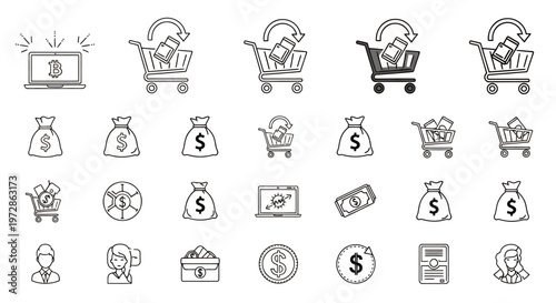 Collection of finance and business icons featuring money bags, coins, and financial symbols.