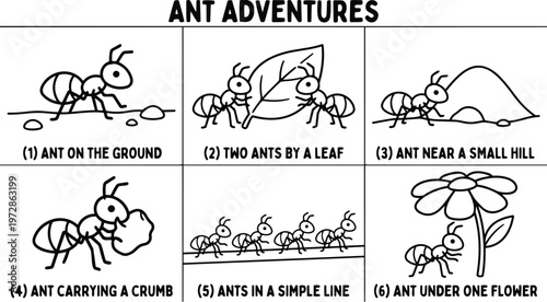Black and white line art ant adventures with six scenes showing ants on ground carrying crumb under flower